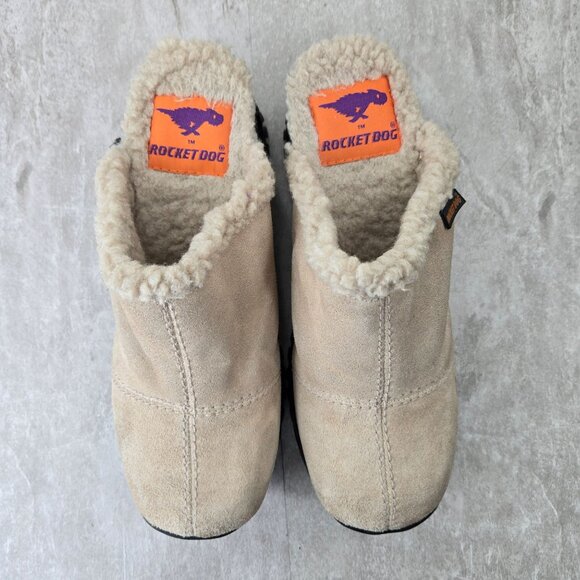 Rocket Dog Platform Clog Shoes Sz 10 Tan Suede Sherpa Y2K Chunky Slip On Mule - Picture 2 of 10